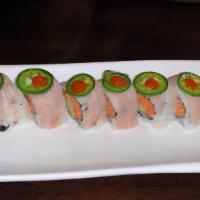 Jalapeno Jammy Roll · Instde: spicy white tuna, cucumber, Outside: yellow tall jalapeno with chill sauce.