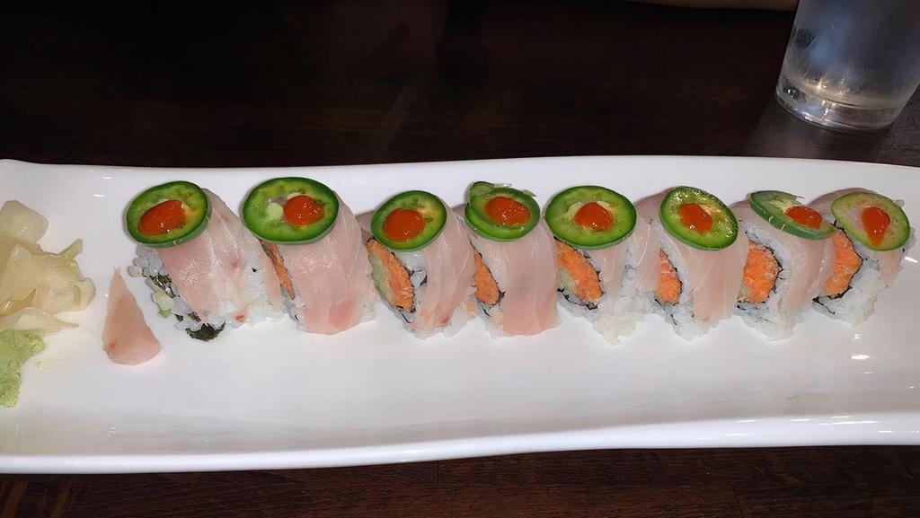 Jalapeno Jammy Roll · Instde: spicy white tuna, cucumber, Outside: yellow tall jalapeno with chill sauce.