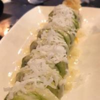 White Swan Roll · inside: tempura shrimp, mango, cucurmber; Outside: avocado with cooonut
wasabi mayo and coco...