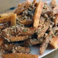 Garlic Parm Fries (Gf) · Seasoned fries, tossed with garlic butter, parmesan cheese & fresh parsley; served with hous...