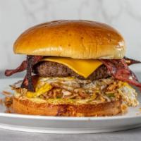 Fix Mix Burger · Home-made beef patty, egg, grilled onion, avocado, turkey bacon, ranch and American cheese.