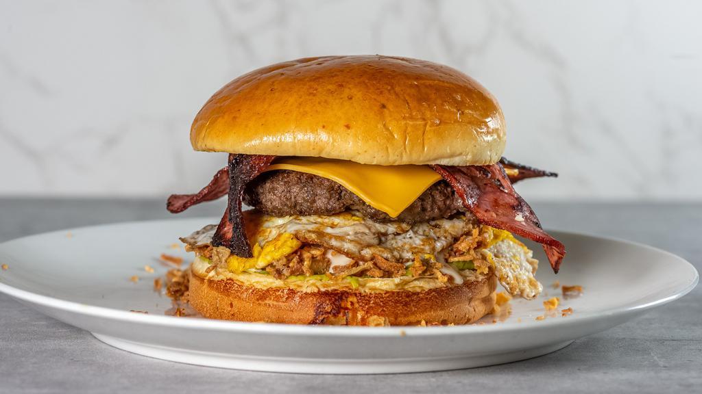 Fix Mix Burger · Home-made beef patty, egg, grilled onion, avocado, turkey bacon, ranch and American cheese.