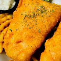 3 Piece Fish · North Atlantic cod loins , hand dipped in a light  house beer batter served with waffle frie...