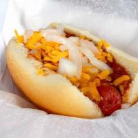 Chili Cheese Dog · All beef hot dog, homemade chili, onions, and shredded cheddar cheese on a fresh bun. Served...