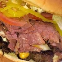 B.C Supreme · All beef patty loaded with Smoked Corned-Beef lettuce, tomato, banana peppers, mustard, Russ...