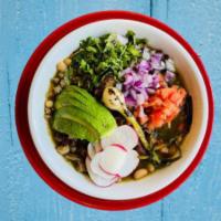 Carne En Su Jugo · Delicious Steak Soup served with whole beans, bacon, cilantro, onions, tomato, radish and. g...