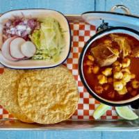 Pozole · Mexican hearty soupy stew made with pork and hominy.