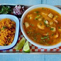 Caldo De Camaron · Shrimp soup with carrots, celery & chayote. Side of rice.