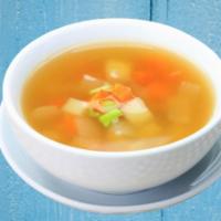 Sopa De Pollo · Chicken soup with elbow pasta, carrots and potato