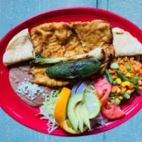 Milanesa De Pollo O Res · Breaded Steak or Chicken served with rice, beans, corn quesadilla, salad, grilled jalapeño a...