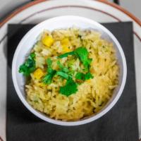 Arroz · Vegan. Rice, roasted poblano, cilantro.