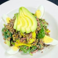 Green Goddess · 610 cals. farro, quinoa, hard cooked egg, organic baby spinach, avocado, pickled red onion, ...