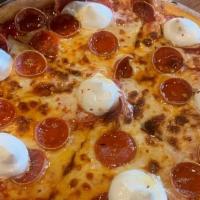 Pepperoni Ricotta · Mozzarella + Provolone | Pepperoni | Ricotta | Crushed Red Pepper Flakes | Honey | Tomato Sa...