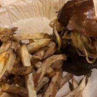 Mustang Burger · Yellow Cheddar | Bacon | Onion Strings | Bourbon BBQ | Pickles | Pretzel Bun | Choice of Side