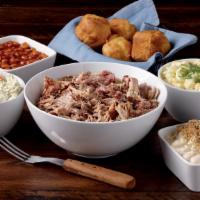 Pulled Pork Dinner For 4  · Includes 2 pounds of Pulled Pork - sauced or unsauced, 4 pint sides of your choice and 4 jum...