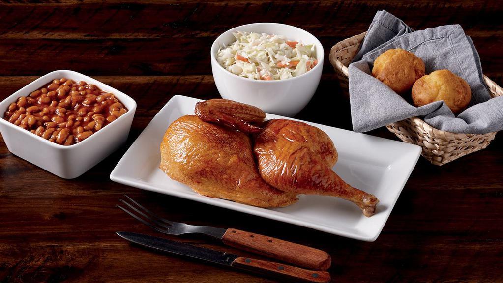 Rotisserie Dinner For 2  · Half Rotisserie Chicken, 2 pint sides of your choice and 2 jumbo biscuits.  Served hot. 1170-3970 cal. per order.