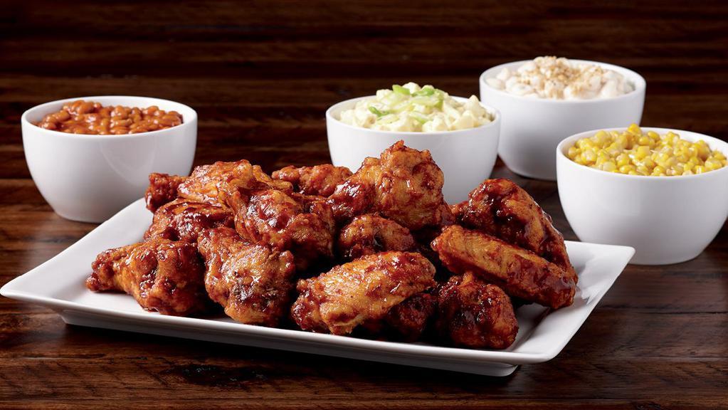 Wings Dinner For 4  · Choice of 3 pounds of boneless wings or 24 colossal wings, plus 4 pint sides of your choice. 2040-9150 cal. per order.
