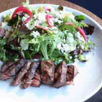Steak & Gorgonzola Salad · Grilled Hanger Steak, Mixed Greens, Pickled Red Onion,
Gorgonzola Crumbles, Diced Pear, Red ...