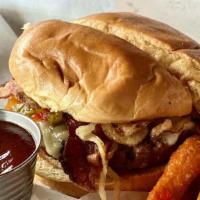 Bbq Burger · 1/2 lb Grilled Burger Patty, Pepper Jack Cheese,
Bacon, Pepper Relish, Crispy Onions, BBQ Sa...