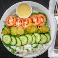 Fresh Garden Salad · Cheese, lettuce, tomato, sweet onions, pickles, cucumbers, roasted red peppers.