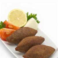 Kibbeh · 1 piece. Finely ground meat and cracked wheat, shaped into a ball and stuffed with seasoned ...