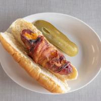 Swanky Frankie · 1/4 lb. kosher jumbo dog wrapped in hickory smoked bacon, stuffed with Hoffman's super sharp...