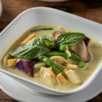 Green Curry · Spicy. Green curry paste, eggplants, green bean, bamboo shoot, coconut milk, and basil.