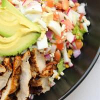 Chopped Salad · Grilled chicken or smoked brisket, tomato, red onion, roasted corn, poblano peppers, bacon, ...