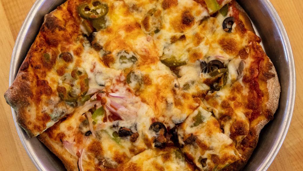 Veggie · Mushrooms, red onion, black olives, jalapeños, and green peppers.
