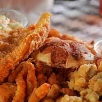 Sampler Platter · Hand-breaded fried pickle spears, fresh battered Ellsworth cheese curds, and waffle fries sm...