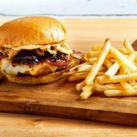 Platinum Bacon Burger · Ground chuck, aged cheddar, swiss, smoked bacon, bacon jam, bacon aioli, and onion crisps. S...