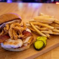 Chipotle Chicken · Grilled chicken, smoked bacon, swiss, onion straws and chipotle aioli. Served on a grilled p...