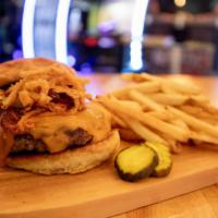 Bbq Burger · Ground chuck, aged cheddar, pulled bbq pork, bbq sauce and onion straws served on a grilled ...
