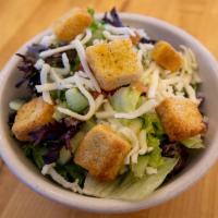 House Salad · Tomatoes red onion cucumber five cheese blend croutons and your choice of dressing.