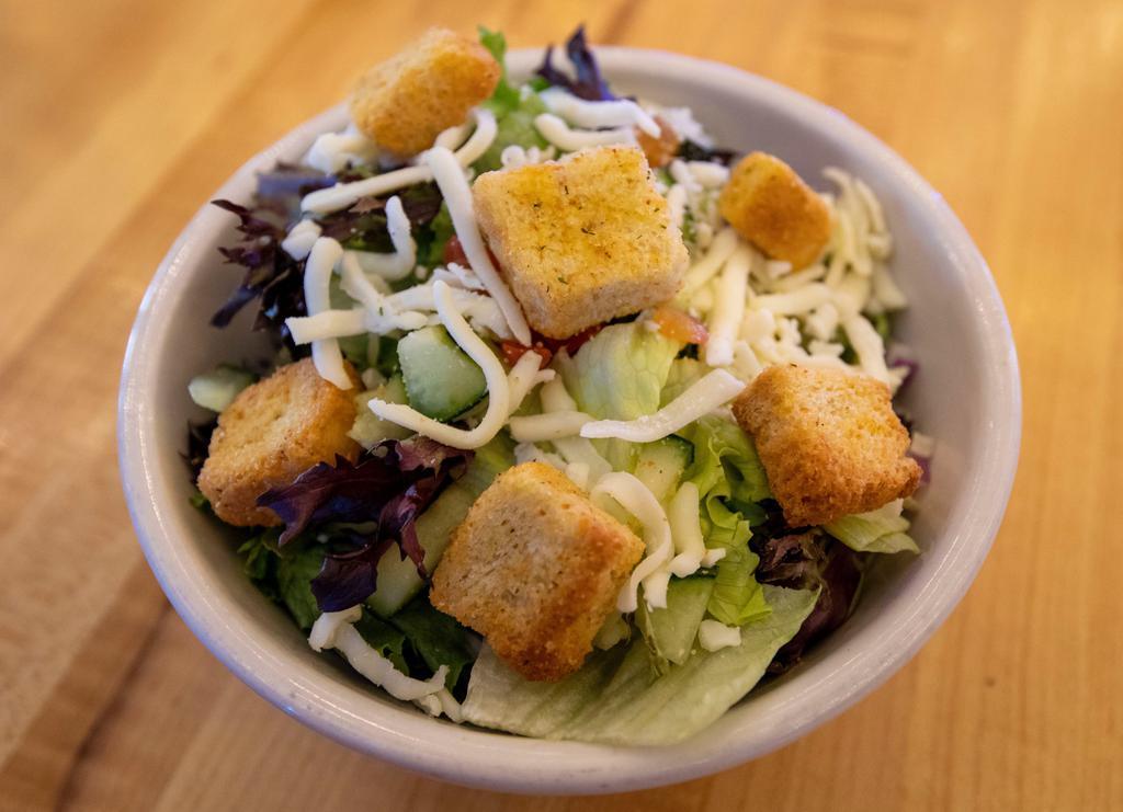 House Salad · Tomatoes red onion cucumber five cheese blend croutons and your choice of dressing.