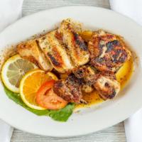 Chicken Sharas · Broiled 1/2 chicken in olive oil-lemon juice and oregano. Served with rice pilaf.