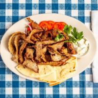 Gyros · Layered ground beef and lamb. Served with tzatziki sauce, onions, tomatoes and 1 pita breads.