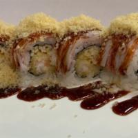 Angel Hair Roll · Shrimp tempura with sliced apple inside, topped with crabmeat,crunch and eel sauce.