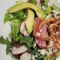 Steak Salad · (Gluten Free) Bibb lettuce, gorgonzola, radish, heirloom tomatoes, avocado, egg & onion crisps