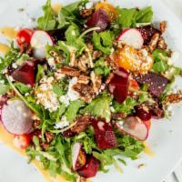 Baby Beets · (Gluten Free) Golden & red beets, sugаred pecans, arugula, goat cheese, radish & sherry vina...