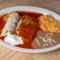 Combination 5 · One red chicken enchilada with sour cream and onion and one chile relleno (cheese stuffed pe...