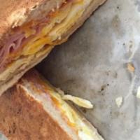Ham Egg And Provolone Bagel · Toasted bagel sandwich with ham egg and provolone
