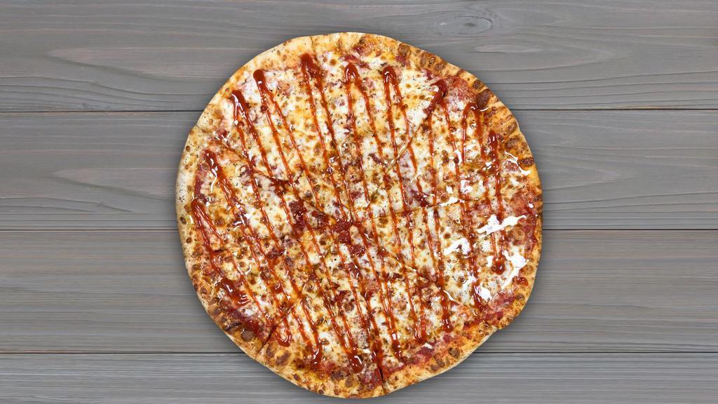 Scioto Sriracha Honey Pizza · Made with our spicy red sauce, cheese blend, delicious garlic butter crust, and a drizzle of honey and sriracha on top.