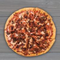 3-Meat Pizza · Our all meat pizza with red sauce, pepperoni, sausage, bacon, and our mozzarella-provolone c...