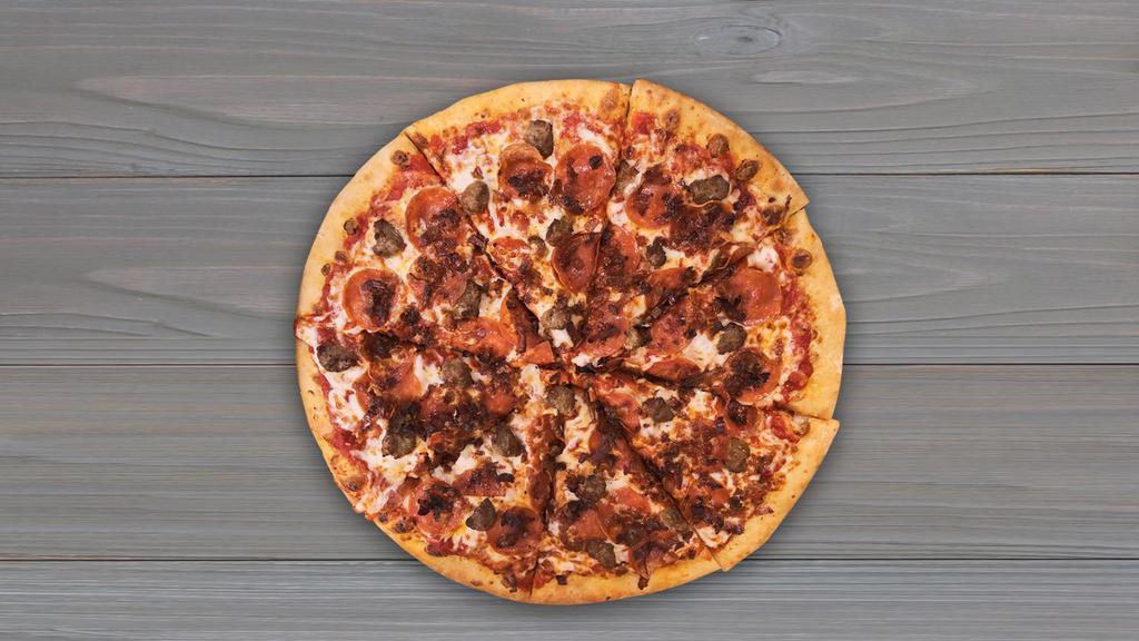 3-Meat Pizza · Our all meat pizza with red sauce, pepperoni, sausage, bacon, and our mozzarella-provolone cheese blend.