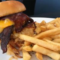 Cowboy Burger · With BBQ, bacon, hash browns and cheddar.