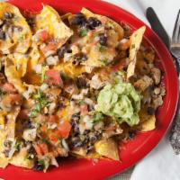Nachos · Choice of meat, melted jack and cheddar cheese, black and pinto beans, pico de gallo, guacam...
