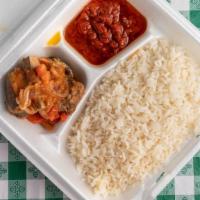 White Rice With Stew · Dish of tomatoes cooked slowly in liquid. Comes with choice of goat, beef, chicken or cut fi...