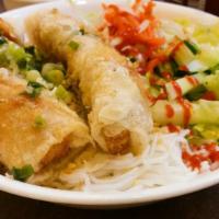 Bún Chả Giò · Rice vermicelli with egg rolls and fresh vegetables served with fish sauce.