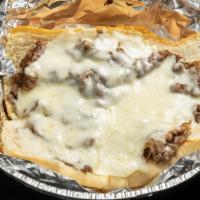 Cheesy Beef · Our delicious Italian beef on Italian bread, w/ melted Mozzarella cheese on top.